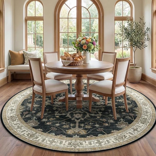 RELEANY Washable Area Rug, Round 7ft, Black/Vintage/Beige | Non-Slip, Water Repellent, Pet Friendly, Easy to Clean, Vintage Floral Boho Decor for Living Room Bedroom Dining Room