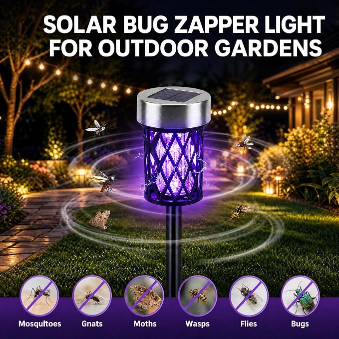 2026 Solar Bug Zapper Outdoor Waterproof Mosquito Repellent Outdoor Patio Mosquito Trap & Killer for Garden Farm Backyard Solar Powered Fly Zapper for Small Flying Insect, Gnats, Moths, Flies(4)