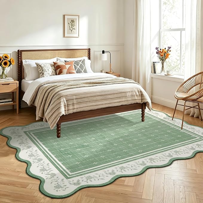 Garvee Washable Rugs for Living Room 8x10 Area Rugs Scalloped Rug Green | Modern Bordered Non Slip Large Kids Bedroom Carpet Indoor Stain Resistant Floor Cover for Bedroom Dining Room Office Nursery