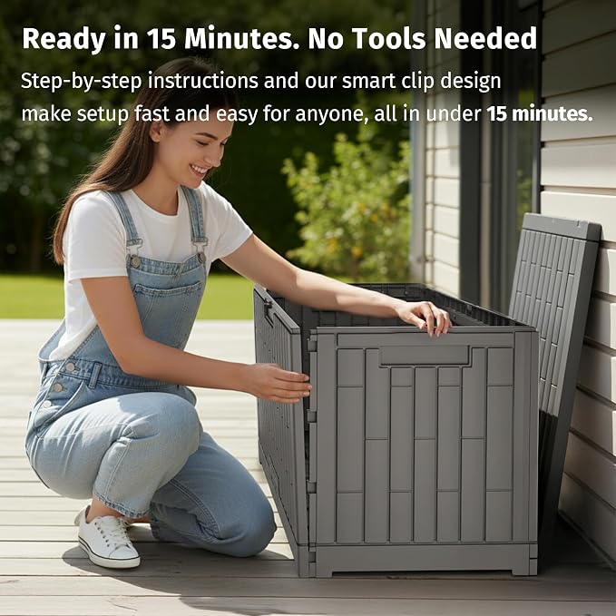 EAST OAK 120 Gallon Outdoor Storage Box | Large Resin Deck Box with Reinforced Stainless Steel Support | Waterproof & UV-Resistant Patio Storage Box for Cushions, Garden Tools & Accessories, Grey