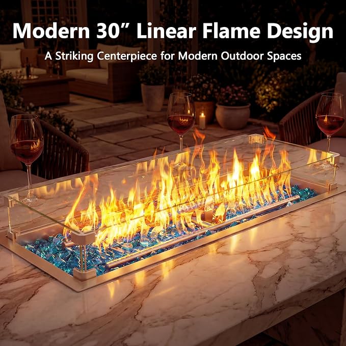 Hisencn 30 x 10 Inch Drop-in Fire Pit Kit, Premium Stainless Steel Modern Fire Trough with Tempered Glass Wind Guard, Built-in Outdoor Table Flame Feature for Patio, Backyard & Entertaining