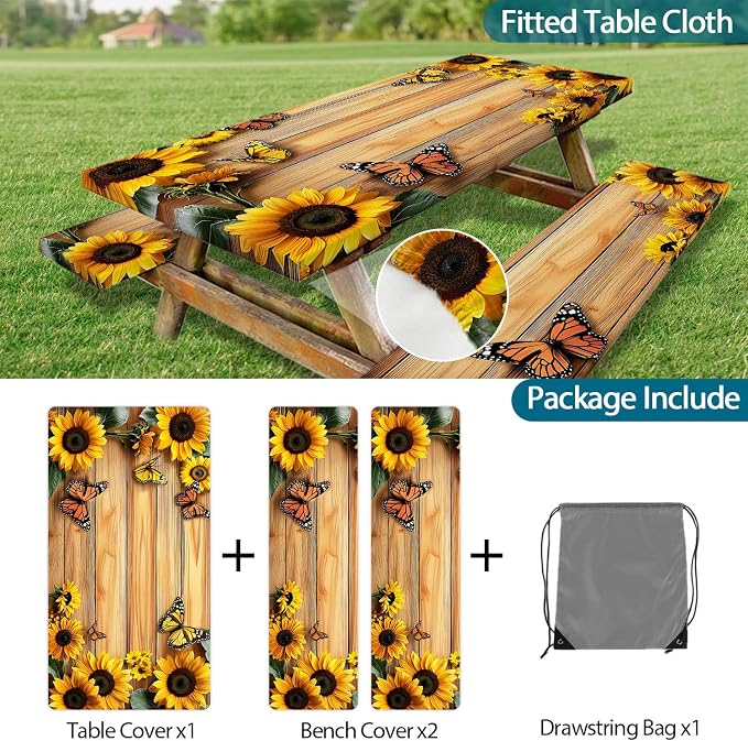 3PCS Picnic Table Cover with Bench Cover, Outdoor Patio Camping Essentials Farmhouse Sunflower Table Covers with Elastic Waterproof Camping Tablecloth with Drawstring Bag, 72In