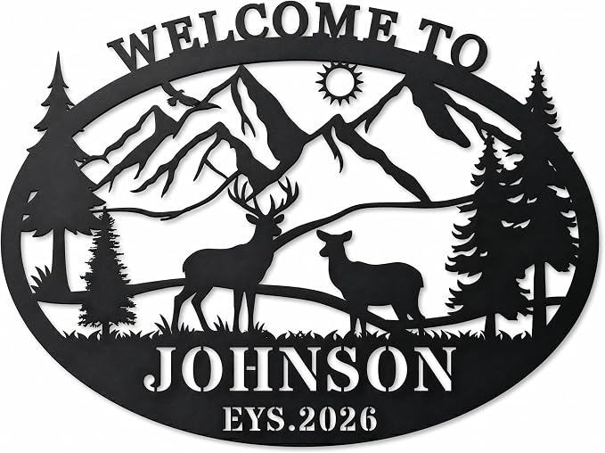 Personalized Deer Metal Cabin Sign Custom Family Name Sign Rustic Metal Wall Art for Outdoor Indoor Cabin Decor Hunting Lodge Patio Living Room Hunter Gift