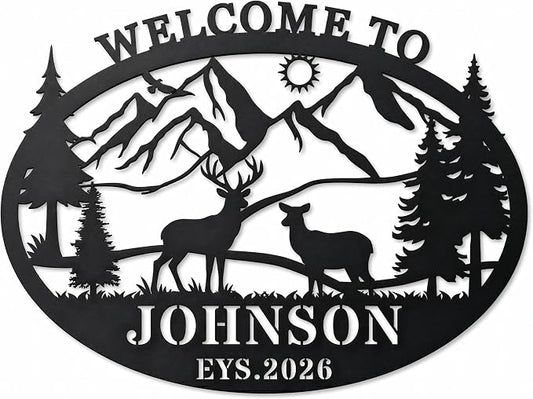 Personalized Deer Metal Cabin Sign Custom Family Name Sign Rustic Metal Wall Art for Outdoor Indoor Cabin Decor Hunting Lodge Patio Living Room Hunter Gift