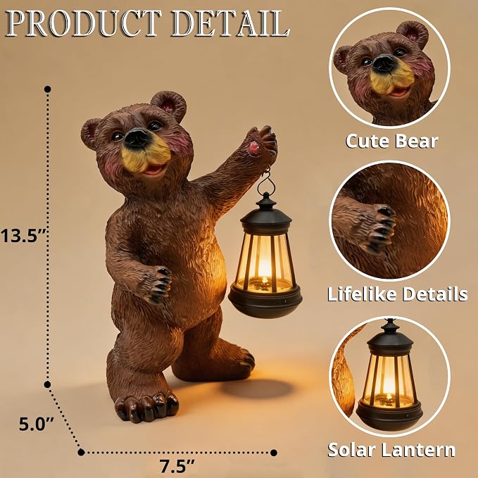 Solar Lantern Garden Statues Decor, 14" Large Outdoor Bear Figurine Lights for Yard Patio Decoration - Unique Christmas Housewarming Gift for Grandma Wowen Mom