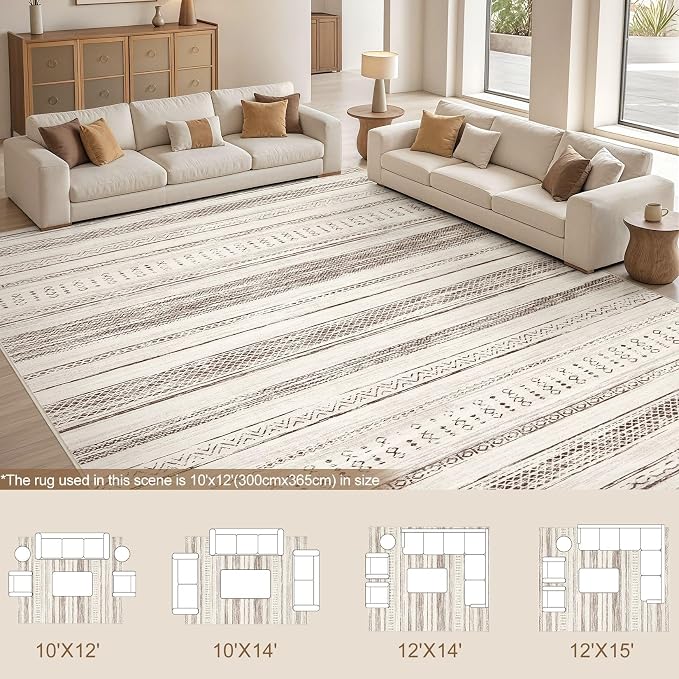 Tortania Area Rug Living Room Rugs - 10x12 Washable Large Soft Neutral Boho Moroccan Bohemian Farmhouse Rug Indoor Floor Carpet for Bedroom Under Dining Table Home Office Decor - Cream Brown