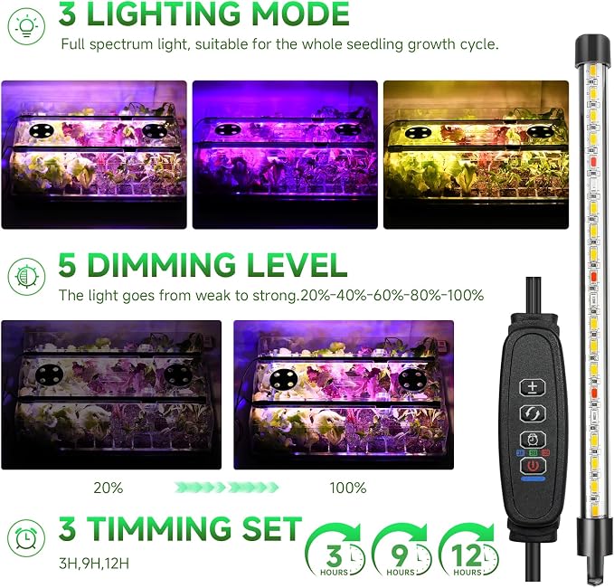 Adawook Self-Watering Seed Starter Tray with Grow Lights, Seed Starter Kit, Full Spectrum Grow Light for Seed Starting, Timing Set, Germination Tray Grow Kits with High Humidity Domes