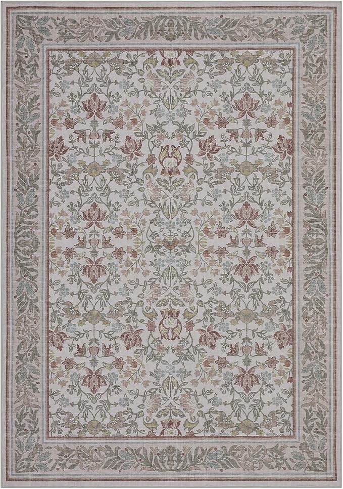 GarveeHome Washable 5x7 Area Rugs for Living Room Bedroom Beige Pink | Boho Vintage Non Slip Soft Low Pile Stain Resistant Indoor Carpet for Farmhouse Dining Room Nursery Home Office
