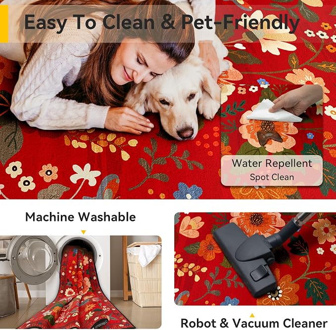Floral Washable 8x10 Area Rugs Red/Orange | Flower Carpet, Print, Boho, Non-Slip, Easy to Clean, Soft, Low Pile for Living Room Bedroom Kitchen Office Entryway Hallway