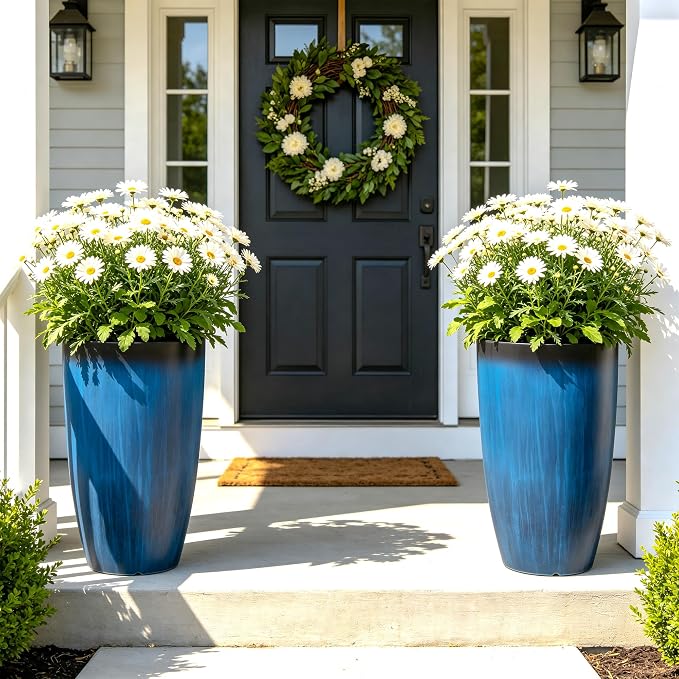 Autodaya 23.8" Tall Planters Set of 2, Large Plastic Plant Pots with Artistic Floating Cobalt Blue Glaze, UV-Resistant Lightweight PP Flower Pots for Outdoor Indoor Plants, Garden, Patio, Deck, Porch