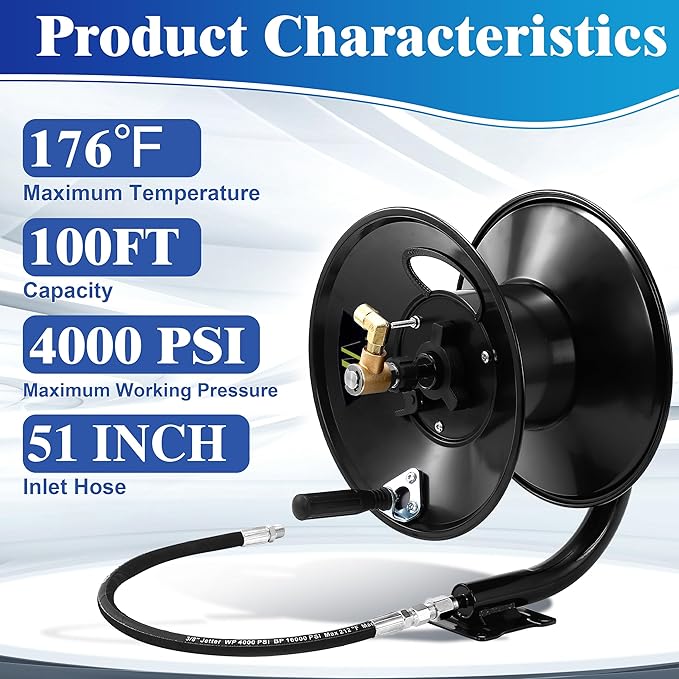 M MINGLE Pressure Washer Hose Reel 100ft x 3/8" / 150ft x 1/4", 4000 PSI | Heavy Duty Steel Hose Reel, Manual Crank Power Washer Hose Reel with Swivel Arm, 3/8" NPT Outlet Pipe