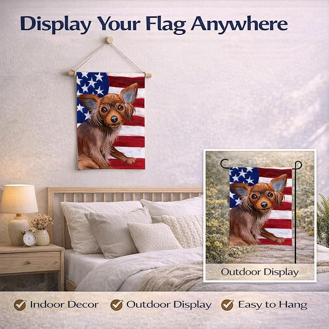 Caroline's Treasures CK6680GF Russian Toy Dog American Flag Garden Flag Mailbox Flag Decorative Yard Flag Banner Outside Patio Artwork Yard Flower Beds, Garden Size, Multicolor