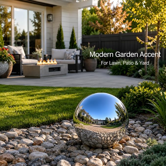Gazing Ball Garden Mirror Outdoor - 6 Inch Outside Decorative Globe, Silver | Metal Polished Reflective Sphere, Stainless Steel Hollow Decoration Ornament for Home Pond Swimming Pool Housewarming Gift