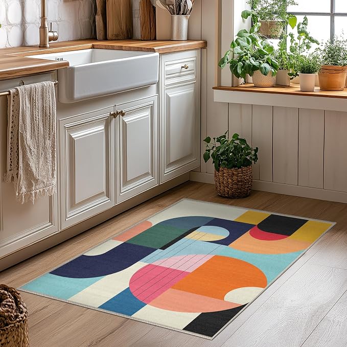 2x3 Area Rug Colorful Boho Geometric Mat Modern Abstract Rug for Bathroom Machine Washable Non-Slip Throw Rug for Kitchen Entryway