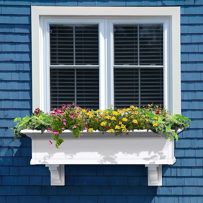 Mayne Yorkshire 4ft Window Box - White - 48in L x 12in W x 10in H - Polyethylene Planter - Built-In Water Reservoir (4824-W)
