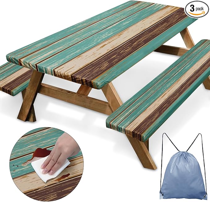Teal Brown Picnic Table Cover with Bench Covers, Vintage Retro Wood Board Outdoor Camping Essentials 6FT 3PCS Fitted Rectangle RV Must Haves Tablecloth with Drawstring Bag