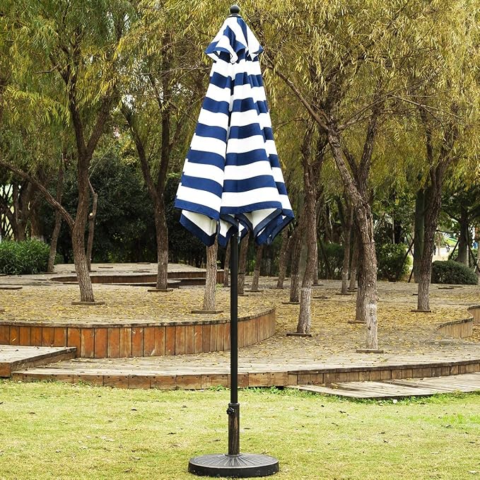 Sunnyglade 7.5' Patio Umbrella 6 Ribs (Blue & White) | 18" 30.2-lbs Heavy Duty Round Antiqued Umbrella Base, Bronze