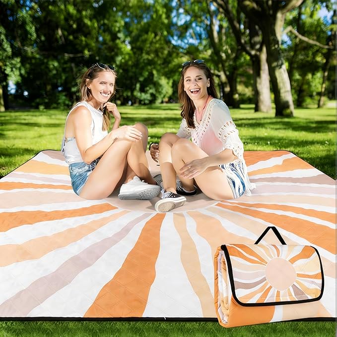 Picnic Blankets, Large Beach Blanket Waterproof Sandproof, Foldable & Portable Outdoor Picnic Blanket, 79''x79'' 3-Layer Picnic Mat for Camping, Park, Travel, Grass Lawn-Boho Sunburst