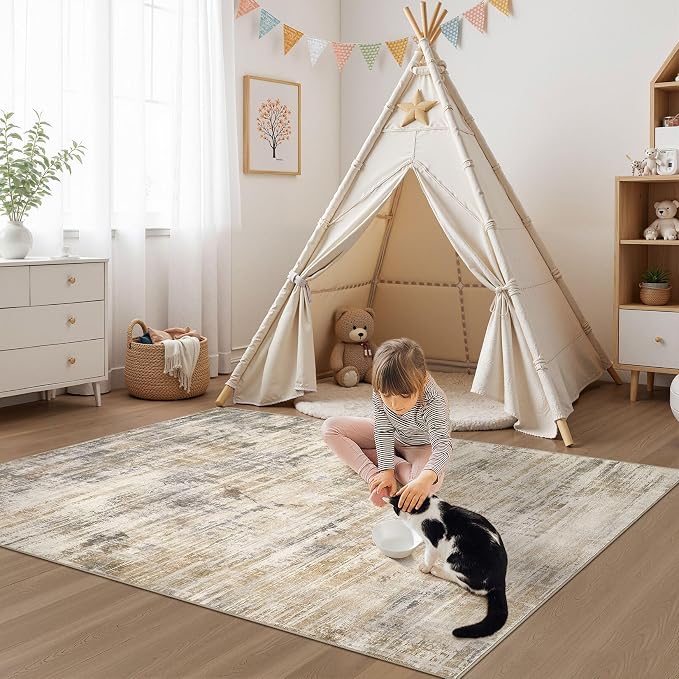 UERMEI 4x6 Area Rug for Living Room Washable Abstract Golden Brown Carpet | Low Pile Non-Slip Soft Neutral Modern Kid Pet Friendly Large Rugs For Bedroom Dining Room Nursery Office Indoor Decor