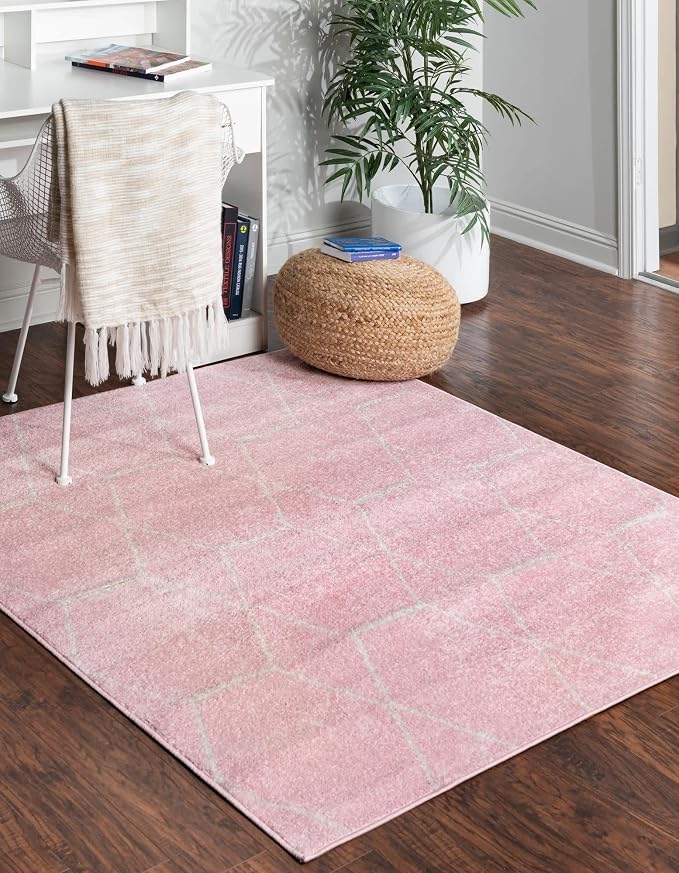 Unique Loom Trellis Frieze Collection Area Rug - Geometric (3' Square, Light Pink/ Ivory)