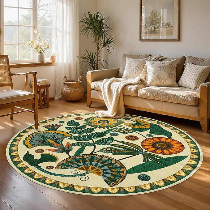 Joydeco Washable Round Rugs 6FT, Circle Area Rug for Bedroom Living Room | Boho Colorful Egypt Floral Non Slip Stain Resistant Flower Indoor Carpet for Dining Room Nursery Guest Room Kitchen, Beige
