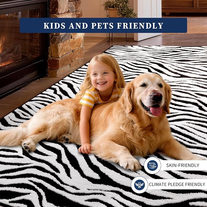 5×7 Ft Area Rugs, Black and White Modern Abstract Rug, Washable Plush Soft Zebra Print Carpet, Non-Slip Non-Shedding Rug for Living Room, Bedroom, Playroom, Home Office Decor