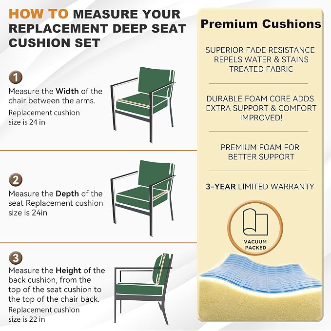 Deep Seat Patio Cushions Set 24 x 24 Inch,Olefin Fabric Outdoor Seat Cushion,Patio Furniture Cushions with Removable Cover,Rain-Proof and Fade Resistant Deep Seat Bottom & Back Cushion,1set