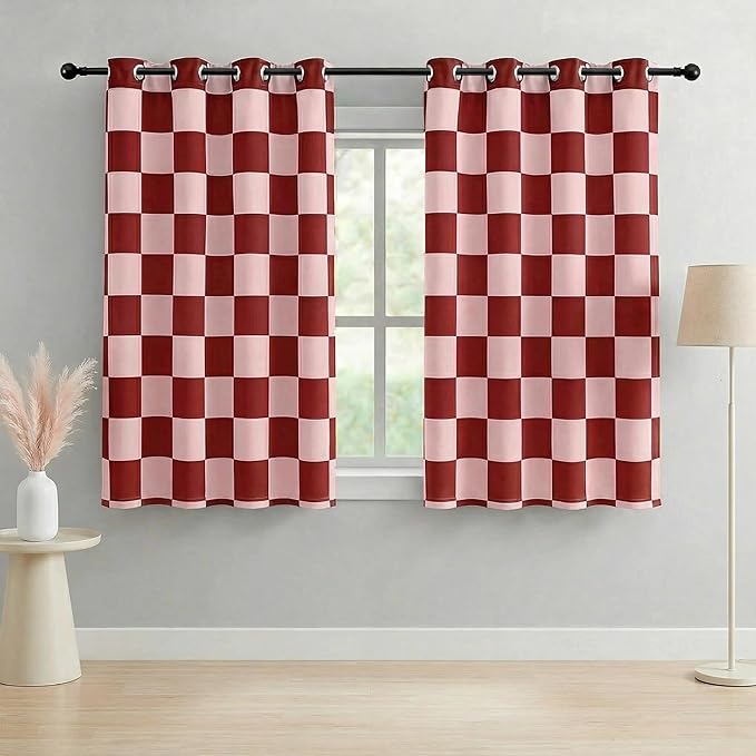100% Blackout Checkered Curtains – 2 Panels, Each W52×L63, Thermal Insulated, Nosie Reducing for Bedroom, Modern Pink and Red Checkerboard Design for Girls Room