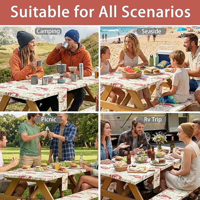 Fitted Waterproof Picnic Table Cover with Bench Covers Heavy Duty Elastic Outdoor Camping Tablecloth for 6 Foot Rectangle Tables Summer Rv Accessories Patio Garden Road Trip Essentials Gifts