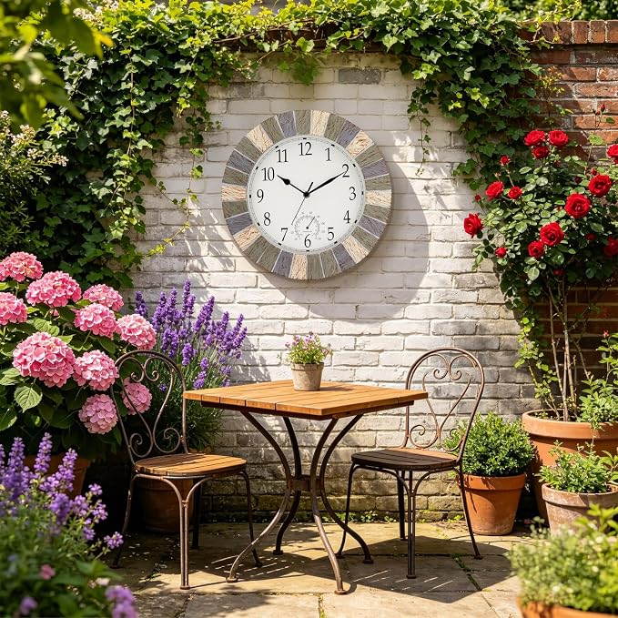 UMEXUS Outdoor Indoor Clock, 13 Inch Waterproof Wall Clocks with Thermometer，Silent Non-Ticking Battery Operated Decor for Patio, Garden, Porch, Pool, Living Room (Marble Gray)