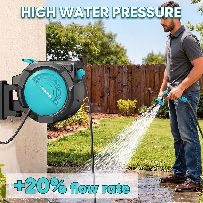 5/8" 75FT Retractable Garden Hose Reel - Heavy Duty Automatic Wall Mounted Hose Reel with 2026 Upgraded UV Resistant, 3/4" Brass Fitting, 10 Pattern Nozzle, 180° Swivel&Any Length Lock Slow Retraction