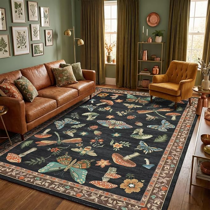 ROYHOME Mushroom 8x10 Area Rugs for Living Room Low-Pile Whimsical Cottage Core Insect Bug Butterfly Funky Dark Gothic Decor for Bedroom Nursery Dining Room Black Brown