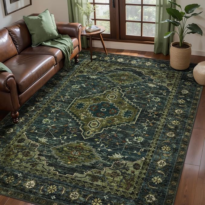Tangsoo Oriental 3x5 Washable Area Rugs, Green Non Slip Accent Rug | VIntage Indoor Print Carpet, Boho Soft Low Pile Rug for Living Room Dining Bedroom Bedside Entryway Rust Blue Olive Green