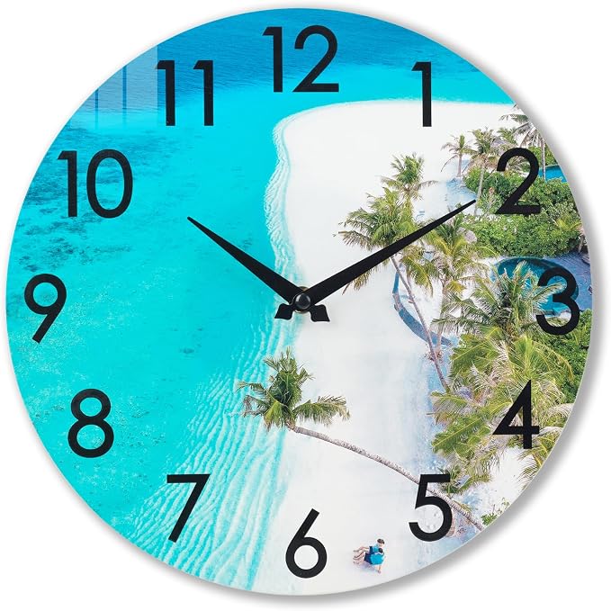 14 Inch Outdoor Clock Waterproof – Tempered Glass Silent Non-Ticking, Tropical Beach Theme Nautical Coastal Decor Wall Clock for Patio Pool Garden Bathroom