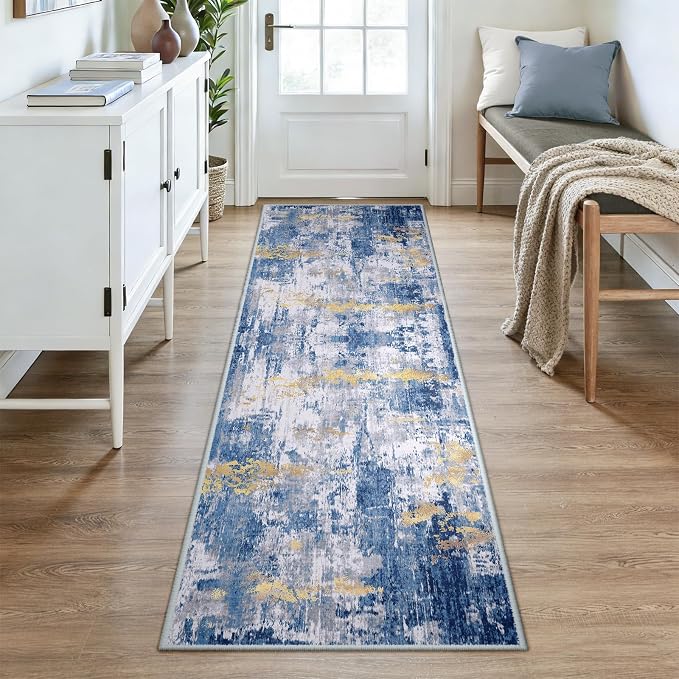 RELEANY Washable Runner 3'x8' Abstract Area Rug for Hallway Blue Gold | Carpet for Kitchen, Entryway, Bathroom, Living Room, Bedroom, Printed Pattern, Non‑Slip, Soft, Stain‑Resistant, Easy to Clean