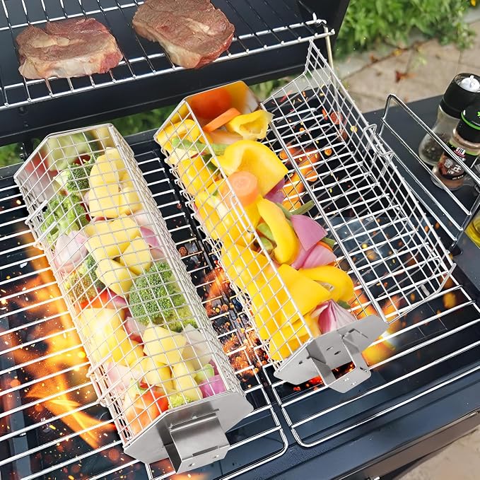 2 Pack Rolling Grill Basket, Hexagonal BBQ Grill Baskets with Removable Wooden Handle, 304 Stainless Steel, Nesting Grilling Net, BBQ Accessories Tools for Vegetables, Meat & Seafood, Gift for Dad or Husband