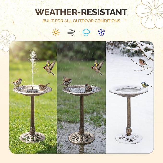 VINGLI Pedestal Bird Bath with Solar Fountain, Solar Pump Resin Birdbaths, Weather Resistant Bird Baths with Ground Stakes, Vintage Finish Garden Decor for Outdoor, Patio, Yard, Lawn (Copper-2.5W)
