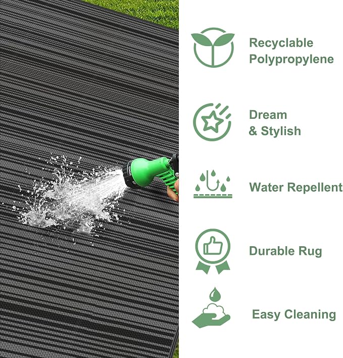 GENIMO Outdoor Rug for Patio Clearance, 5'x8' Reversible Plastic Straw Rugs, Lightweight Waterproof RV Camping Mat for Camper, Balcony, Deck, Backyard, Picnic, BlackGray
