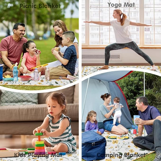 Flower Picnic Blankets Waterproof Foldable, 60’‘x80'' Portable Dual Layers Outdoor Travel Camping Picnic Backpacking Hiking Beach Blanket Mat for Grass Padded Lawn Park Beach ,Picnic Accessories