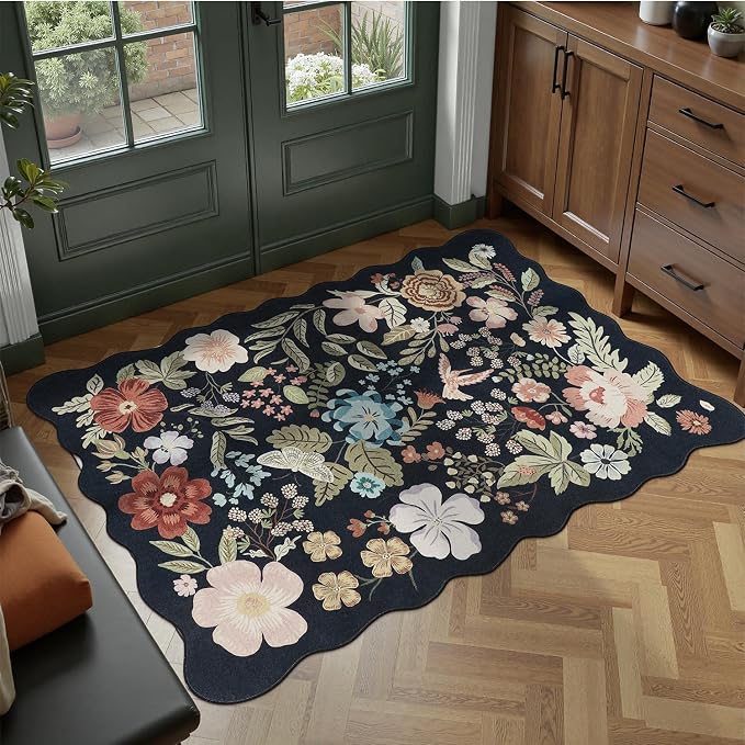 DCX Vintage Floral Washable Area Rug 2x3, Non Slip Low Pile Rug, Black | Rugs for entryway, bedroom, dining room, office, soft, kid & pet friendly, sain resistant indoor carpet, home decor