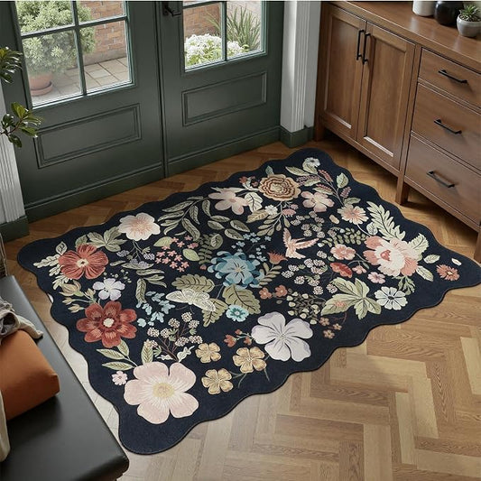 DCX Vintage Floral Washable Area Rug 2x3, Non Slip Low Pile Rug, Black | Rugs for entryway, bedroom, dining room, office, soft, kid & pet friendly, sain resistant indoor carpet, home decor