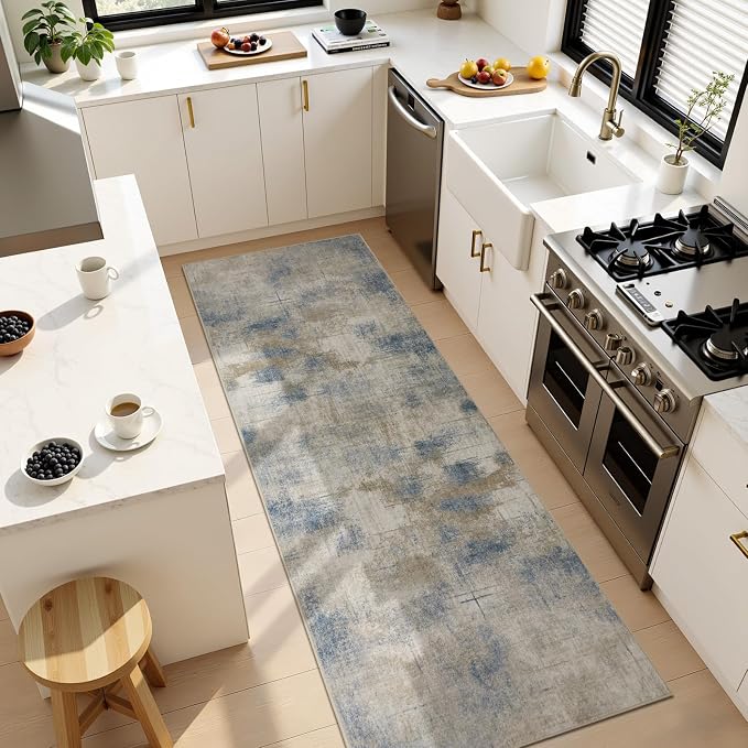 Joydeco 2x6 Runner Rug Modern Abstract Machine Washable Rug – Low Pile Faux Wool with Non-Slip Backing, Neutral Print Stain Resistant Carpet Runner for Hallway, Kitchen, Entryway, Laundry and Bedroom