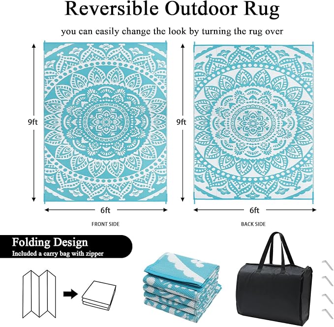 Bsmathom Waterproof Outdoor Rug 6'x9' Reversible Boho Plastic Straw Patio Deck Camping Rugs, Indoor Outdoor Portable RV Mat Clearance Carpet for Outside, Porch, Balcony, Backyard, Beach, Pool,Teal