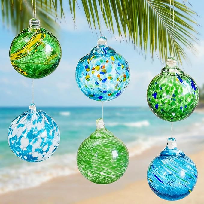 JarThenaAMCS 6Pcs Hand Blown Glass Ball Ornaments 2.4 Inch Summer Beach Gazing Ball Blue Green Hanging Friendship Witch Balls for Hawaii Home Party Garden Wall Window Decor