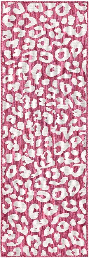 Unique Loom Outdoor Safari Collection Area Rug - Leopard (2' x 6' 1" Runner, Magenta/ Ivory)