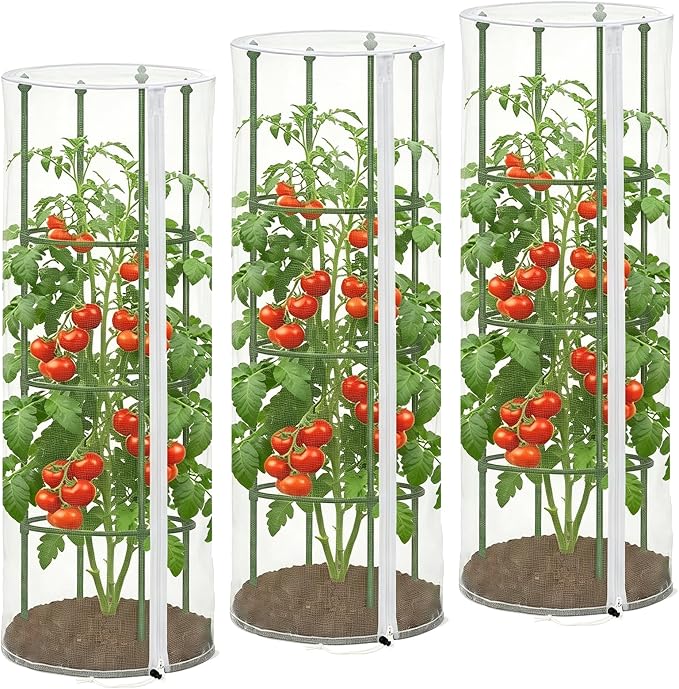 3PCS Garden Bird Netting for Tomato Cage with Zipper & Drawstring | 59"x 18" Round Tomato Trellis Garden Netting Insect Bird Barrier Protection Mesh Cage Cover for Tomato Planter Gardening Pots