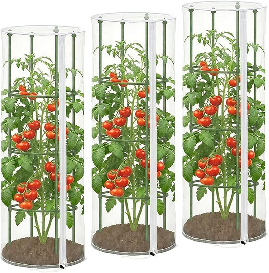 3PCS Garden Bird Netting for Tomato Cage with Zipper & Drawstring | 59"x 18" Round Tomato Trellis Garden Netting Insect Bird Barrier Protection Mesh Cage Cover for Tomato Planter Gardening Pots