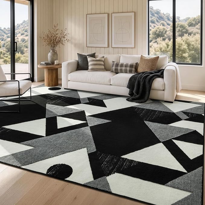 8x10 Black and White Modern Geometric Patchwork Washable Area Rug | Stain-resistant Low-pile Black and Grey Large Carpet, Non Slip Geometric Rug for Living Room Dining Room and Bedroom Floors