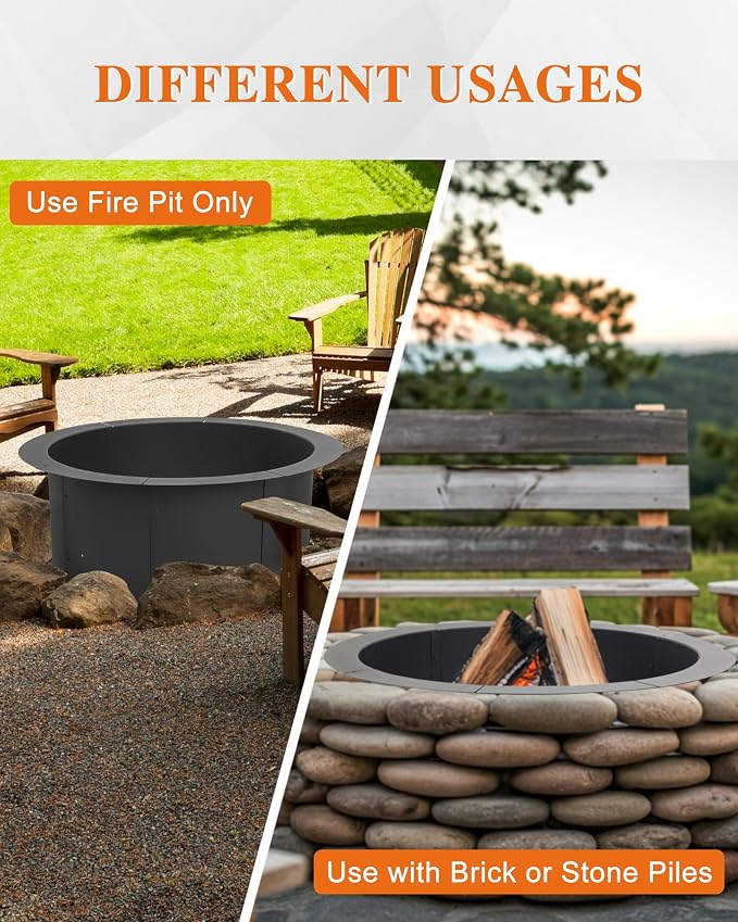 BPS 36 Inch Fire Pit Ring, Heavy Duty Metal Round Fire Pit for Outdoor DIY Wood Burning, Backyard, Camping, Patio Bonfire