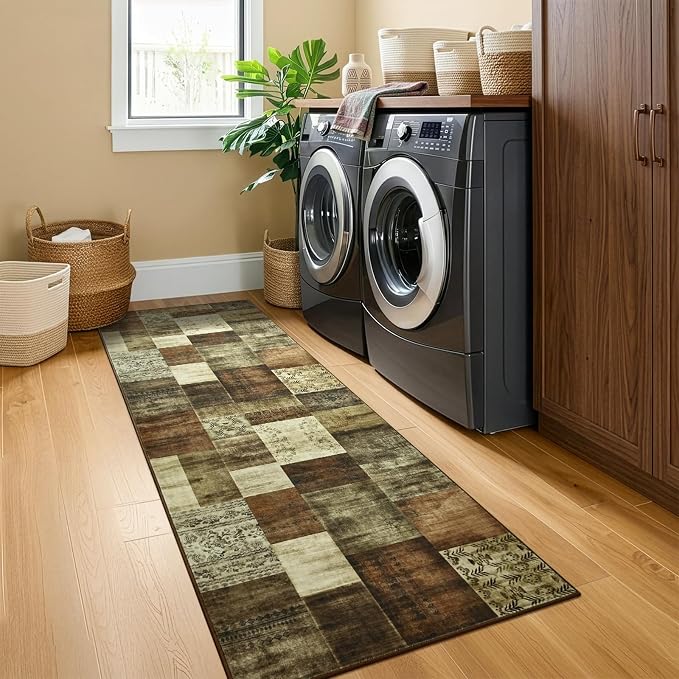 Runner Rug for for Hallways, 2'x6' Washable Kitchen Rugs with Non Slip Rubber Backing, Soft Low Pile Non-Shedding Geometric Carpet for Laundry Bedroom Bathroom, Brown